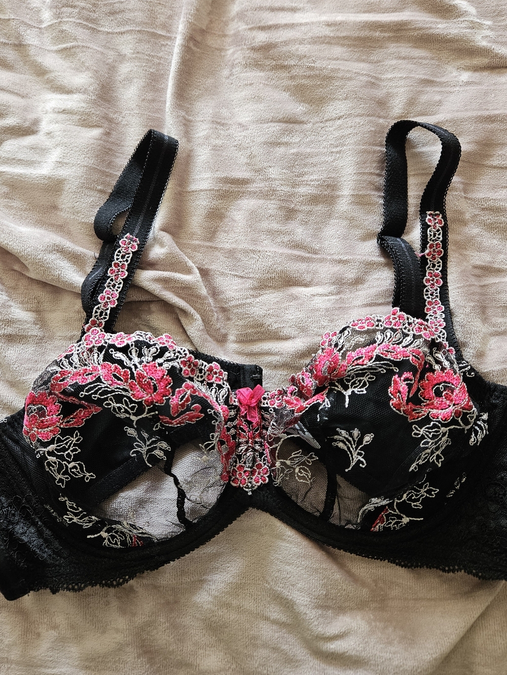 Kris Polish Lingerie Sheer Black Underwire Bra, Pink Floral Embroidery, 40C-D